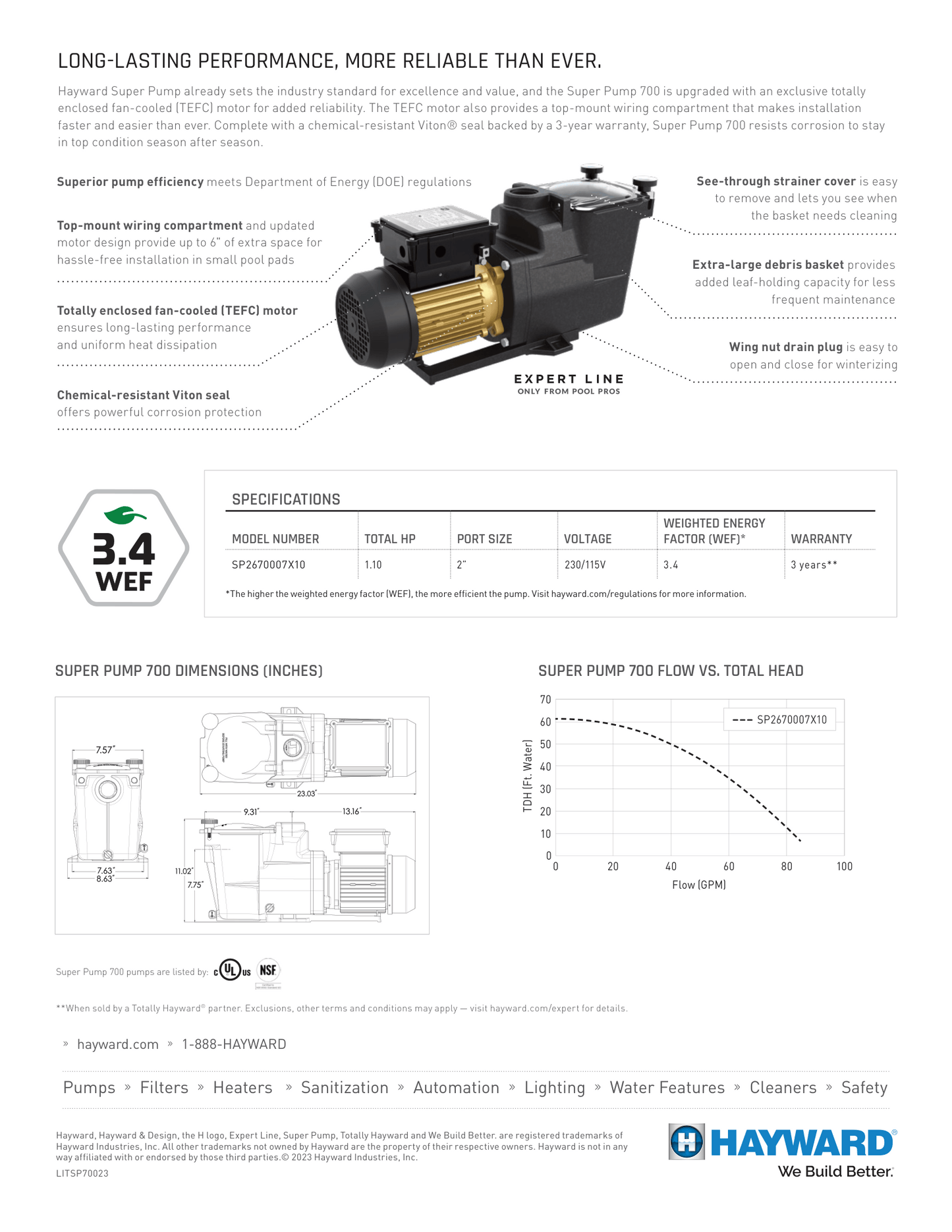 Hayward Super Pump® 700 SP2670007X10 Pump 1HP 115/230V