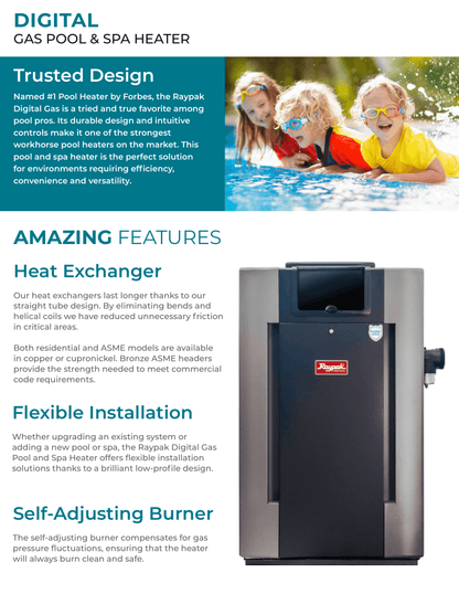 Raypak Digital Gas Pool & Spa Heater, 206A-406A  Cupronickel Heat Exchanger