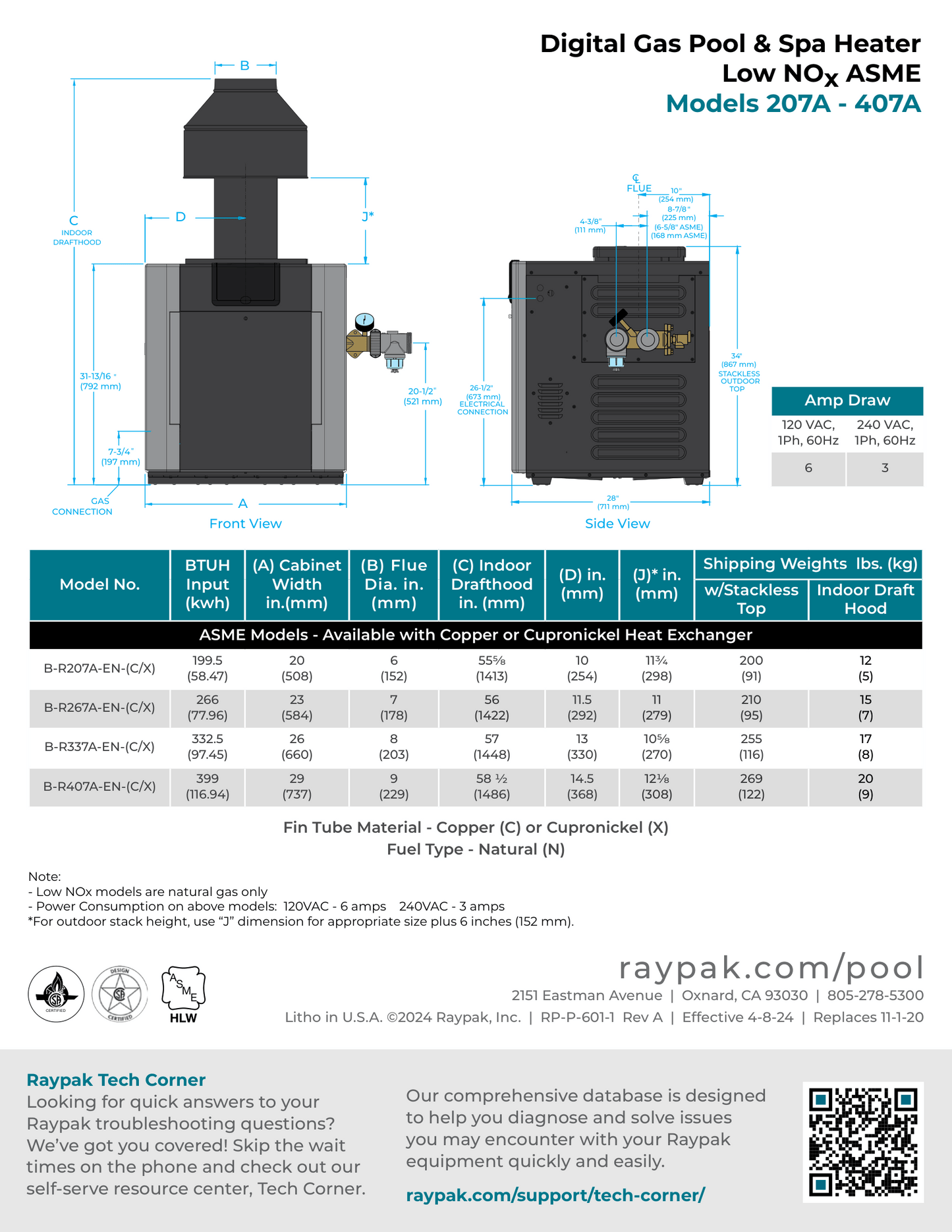 Raypak Digital Gas Pool & Spa Heater, 206A-406A  Cupronickel Heat Exchanger