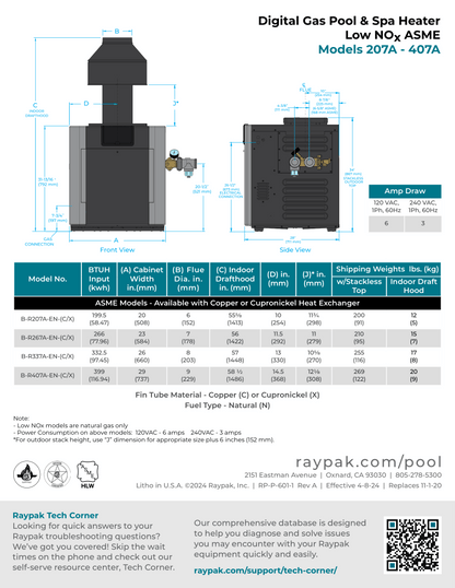 Raypak Digital Gas Pool & Spa Heater, 206A-406A  Cupronickel Heat Exchanger