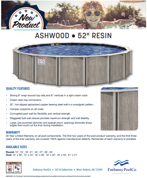 21'X54 ROUND ASHWOOD - 8" RESIN TOP RAILS - 52" SIDEWALL PACKAGE